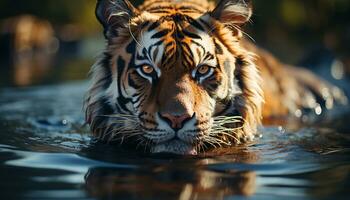 Bengal tiger staring, reflecting beauty in nature tranquil scene generated by AI photo