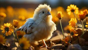 Cute baby chicken looking at yellow flower in meadow generated by AI photo