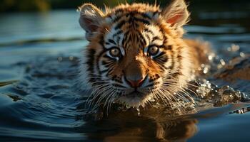 A cute tiger stares, reflecting its beauty in nature generated by AI photo