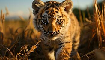 Majestic Bengal tiger staring, beauty in nature tranquil wilderness generated by AI photo