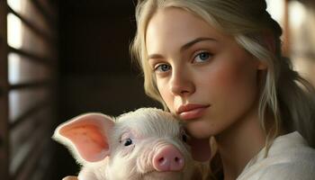 A cute blond girl smiling, holding a piglet outdoors generated by AI photo