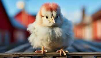 linda bebé pollo con mullido amarillo plumas en pie al aire libre generado por ai foto