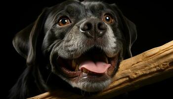 Cute puppy sitting, looking at camera, tongue out, black background generated by AI photo