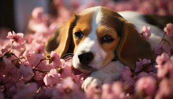 Cute puppy sitting, smelling flower, enjoying nature beauty generated by AI photo