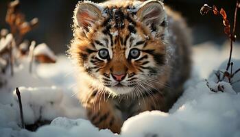 un linda Tigre gatito curioso, juguetón en el Nevado bosque generado por ai foto