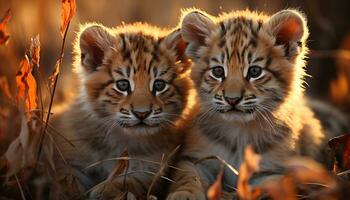 Cute tiger cub playing in the grass, staring alertly generated by AI photo