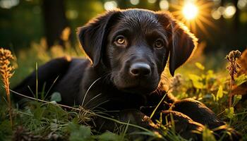 Cute puppy sitting in grass, looking at camera, playful generated by AI photo