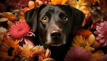 Cute puppy sitting, looking at camera, surrounded by flowers generated by AI photo