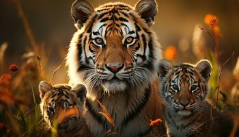 Tiger cub walking in the wild, staring at camera generated by AI photo