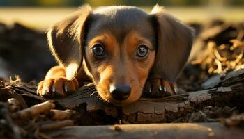 Cute puppy sitting outdoors, playing in the grass generated by AI photo