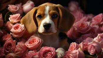 Cute puppy sitting, looking at flower bouquet, purebred dog generated by AI photo