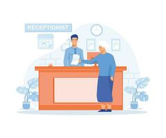Hospital receptionist giving old woman information, checking in for appointment. Senior lady visiting medical clinic office, flat vector modern illustration