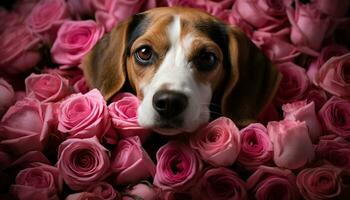 Cute puppy smelling flower, love in nature bouquet generated by AI photo