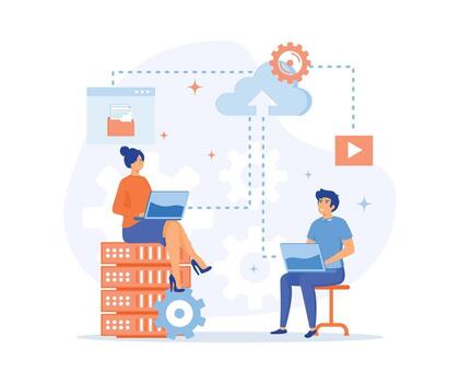 Cloud computing concept, Man and woman processing information at laptops using cloud technology, data storage and backup, flat vector modern illustration