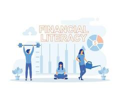 FINANCIAL LITERACY. modern financial education. Young men and women characters in different movements around words FINANCIAL LITERACY. flat vector modern illustration