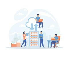 business technology storage cloud computing service concept, administrator team working on cloud, flat vector modern illustration