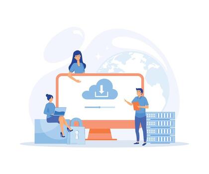 Cloud technology. People storing data on cloud server. cloud computing, online database, flat vector modern illustration