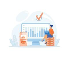 Big Data and Cloud Computing, Business characters using remote servers to analyzing large sets of data and recognizing mistakes, flat vector modern illustration