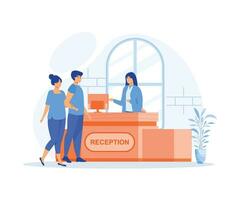 hotel receptionist concept, Pair of tourists or travelers standing at reception desk and talking to receptionist. Scene with guests at hotel lobby, flat vector modern illustration