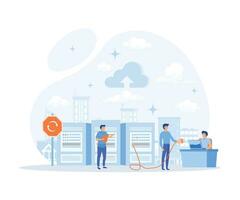 los usuarios trabajo con un nube Servicio plataforma. nube informática. web nube tecnología, datos almacenamiento, trabajando proceso, trabajo en equipo comunicación. plano vector moderno ilustración