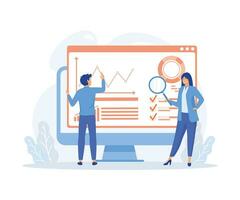 business people working for data analytics and monitoring on web report dashboard monitor, flat vector modern illustration