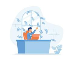 Passive income. Man relaxing in front of computer while money raining down. Financial freedom, flat vector modern illustration