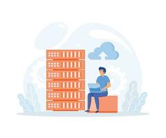 Big Data and Cloud Computing, Business characters using remote servers to analyzing large sets of data and recognizing mistakes, flat vector modern illustration