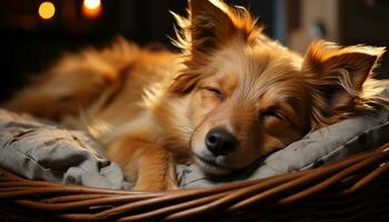 Cute puppy playing outdoors, fluffy and comfortable on grass generated by AI photo