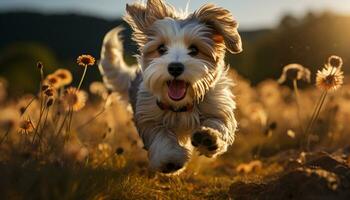 Cute puppy running in the grass, enjoying nature freedom generated by AI photo