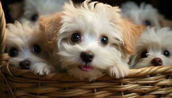 Cute puppy sitting in basket, looking at camera, indoors generated by AI photo