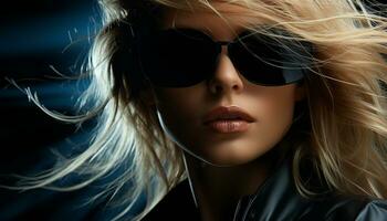 Beautiful young woman with sunglasses exudes confidence and elegance generated by AI photo