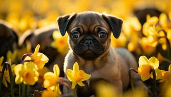 Small cute puppy sitting in grass, looking at tulip generated by AI photo