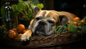 Cute bulldog puppy eating fresh pumpkin, outdoors, playful and healthy generated by AI photo