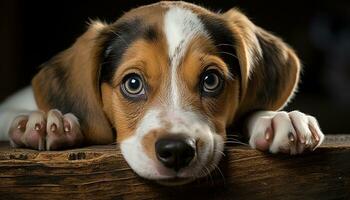 Cute puppy sitting, looking at camera, playful and fluffy generated by AI photo