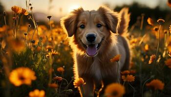 Cute puppy sitting in grass, enjoying nature beauty generated by AI photo