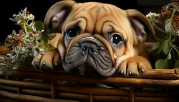 Cute puppy sitting outdoors, looking at camera, purebred bulldog generated by AI photo