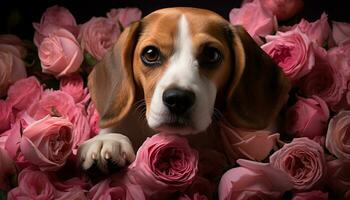 Cute puppy sitting, looking at flower bouquet with love generated by AI photo