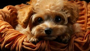 Cute puppy sitting, looking at camera, fluffy and playful generated by AI photo