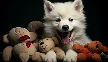 Cute puppy sitting, looking at camera, fluffy fur, playful generated by AI photo