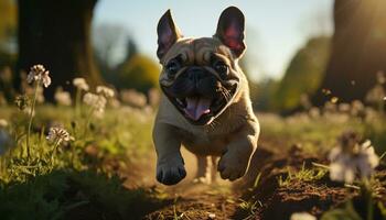 Cute French Bulldog puppy playing in the green meadow generated by AI photo