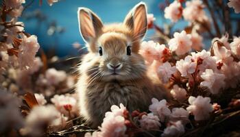 linda bebé Conejo sentado en césped, disfrutando primavera al aire libre generado por ai foto