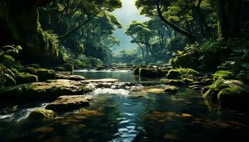 Tranquil scene flowing water, green trees, and rocky cliffs generated by AI photo