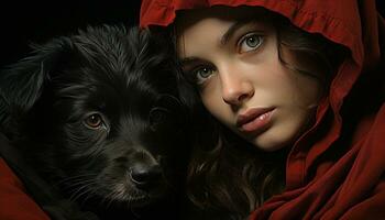 Cute puppy and woman share love in fine art portrait generated by AI photo