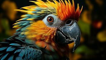 Vibrant blue and gold macaw perched on a branch generated by AI photo