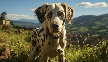 Cute puppy sitting in grass, looking at camera, surrounded by nature generated by AI photo