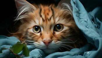 Cute kitten with fluffy fur staring at camera, playful and curious generated by AI photo