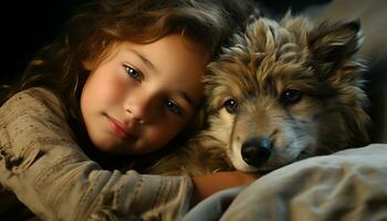 Cute child embraces playful puppy, pure happiness in nature generated by AI photo