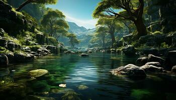 Tranquil scene green forest, flowing water, mountain peak, nature beauty generated by AI photo