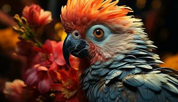 vibrante guacamayo encaramado en rama, exhibiendo naturaleza vistoso belleza generado por ai foto