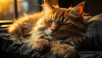 Cute kitten resting, looking comfortable on soft sofa indoors generated by AI photo
